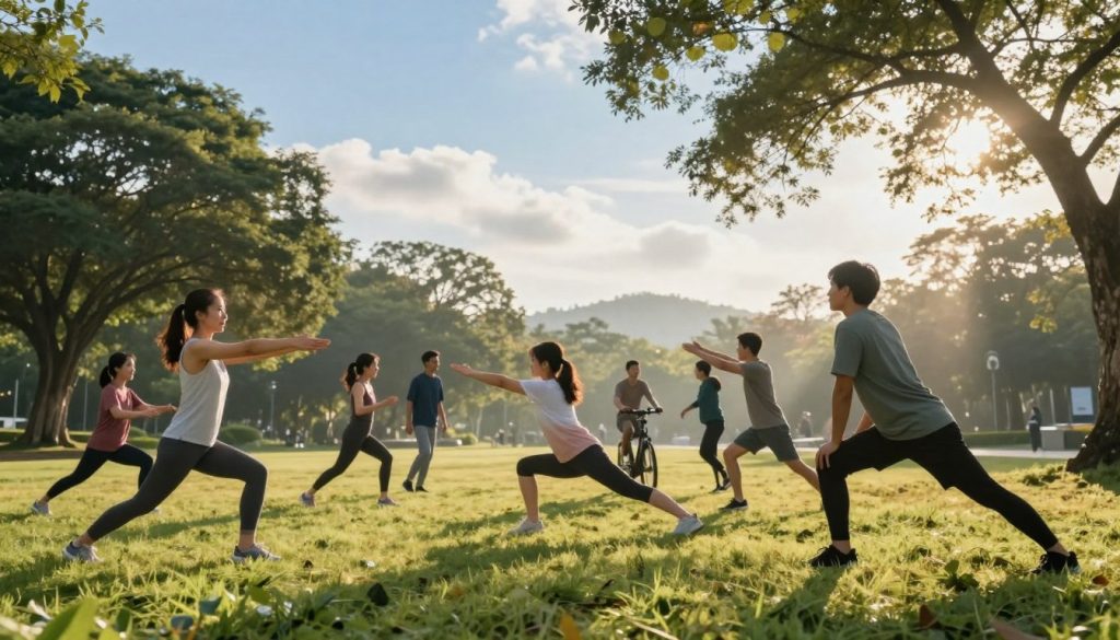 A serene morning scene capturing the essence of energizing movement. In the foreground, a diverse group of individuals in modest casual workout attire—women and men—performing light exercises such as stretching and yoga poses on a grassy park area. In the middle ground, others engage in activities like jogging and cycling, showcasing a vibrant community spirit. Sunlight filters through the trees, casting gentle rays that create a warm, inviting glow. The background features a clear blue sky, with soft clouds and distant hills to add depth. The overall mood is uplifting and motivational, evoking a sense of freshness and renewed energy as the day begins. The composition is framed with a slight upward angle, enhancing the feeling of hope and vitality. A serene morning scene capturing the essence of energizing movement. In the foreground, a diverse group of individuals in modest casual workout attire—women and men—performing light exercises such as stretching and yoga poses on a grassy park area. In the middle ground, others engage in activities like jogging and cycling, showcasing a vibrant community spirit. Sunlight filters through the trees, casting gentle rays that create a warm, inviting glow. The background features a clear blue sky, with soft clouds and distant hills to add depth. The overall mood is uplifting and motivational, evoking a sense of freshness and renewed energy as the day begins. The composition is framed with a slight upward angle, enhancing the feeling of hope and vitality.