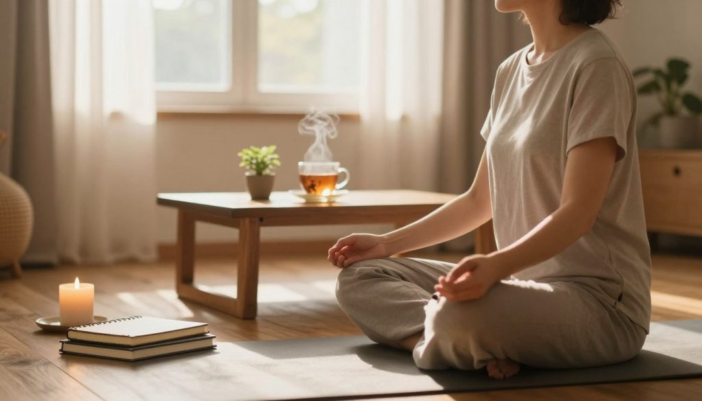 A serene morning scene capturing the essence of setting clear intentions for the day. In the foreground, a calm individual dressed in modest casual clothing sits cross-legged on a soft yoga mat, eyes closed in meditation, surrounded by a few neatly arranged notebooks and an aromatic candle. The middle ground features a wooden table holding a steaming cup of herbal tea and a small plant, symbolizing growth and clarity. The background reveals a sunlit window with sheer curtains gently billowing, illuminating the room with warm, golden light, enhancing the tranquil atmosphere. Use a soft focus lens effect, capturing the gentle, inviting ambiance of early morning, evoking a sense of peace and clarity, perfect for self-reflection and intention-setting. A serene morning scene capturing the essence of setting clear intentions for the day. In the foreground, a calm individual dressed in modest casual clothing sits cross-legged on a soft yoga mat, eyes closed in meditation, surrounded by a few neatly arranged notebooks and an aromatic candle. The middle ground features a wooden table holding a steaming cup of herbal tea and a small plant, symbolizing growth and clarity. The background reveals a sunlit window with sheer curtains gently billowing, illuminating the room with warm, golden light, enhancing the tranquil atmosphere. Use a soft focus lens effect, capturing the gentle, inviting ambiance of early morning, evoking a sense of peace and clarity, perfect for self-reflection and intention-setting.