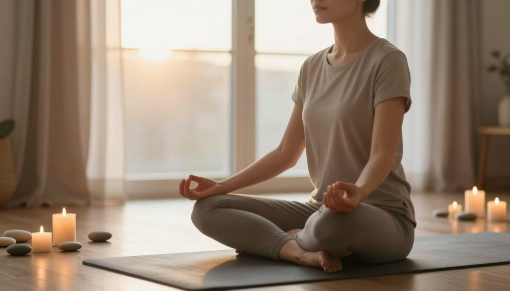 A serene morning scene depicting a person practicing mindful breathing or meditation in a tranquil indoor setting. In the foreground, a calm individual sits cross-legged on a soft yoga mat, dressed in modest, comfortable activewear. The midground features gently glowing candles and smooth stones arranged artfully, enhancing the sense of peace. In the background, a large window reveals soft, golden morning light filtering through sheer curtains, illuminating the room with a warm, inviting ambiance. The scene exudes a feeling of tranquility and focus, embodying the essence of mindfulness practices. Capture this moment from a slight downward angle to emphasize the person's serene expression and the peaceful environment, enhancing the overall sense of calm and introspection. A serene morning scene depicting a person practicing mindful breathing or meditation in a tranquil indoor setting. In the foreground, a calm individual sits cross-legged on a soft yoga mat, dressed in modest, comfortable activewear. The midground features gently glowing candles and smooth stones arranged artfully, enhancing the sense of peace. In the background, a large window reveals soft, golden morning light filtering through sheer curtains, illuminating the room with a warm, inviting ambiance. The scene exudes a feeling of tranquility and focus, embodying the essence of mindfulness practices. Capture this moment from a slight downward angle to emphasize the person's serene expression and the peaceful environment, enhancing the overall sense of calm and introspection.
