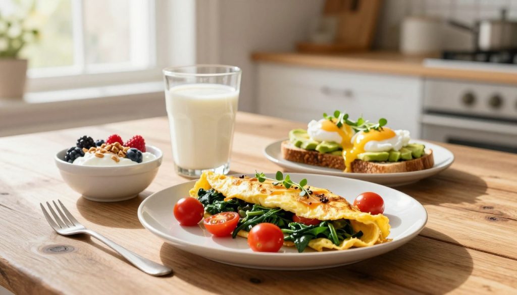A vibrant, healthy protein-rich breakfast spread on a rustic wooden table. In the foreground, an elegantly plated omelette filled with spinach and cherry tomatoes, accompanied by a small bowl of Greek yogurt topped with fresh berries and a sprinkle of granola. In the middle, a glass of almond milk and a few slices of whole grain toast with avocado and poached eggs garnished with microgreens. The background features a bright kitchen with sunlight streaming in through a window, casting soft, warm light across the scene, enhancing the inviting atmosphere. A serene ambiance that suggests a peaceful morning routine, encouraging wellness and energy for the day ahead. No text or human figures in the image. A vibrant, healthy protein-rich breakfast spread on a rustic wooden table. In the foreground, an elegantly plated omelette filled with spinach and cherry tomatoes, accompanied by a small bowl of Greek yogurt topped with fresh berries and a sprinkle of granola. In the middle, a glass of almond milk and a few slices of whole grain toast with avocado and poached eggs garnished with microgreens. The background features a bright kitchen with sunlight streaming in through a window, casting soft, warm light across the scene, enhancing the inviting atmosphere. A serene ambiance that suggests a peaceful morning routine, encouraging wellness and energy for the day ahead. No text or human figures in the image.
